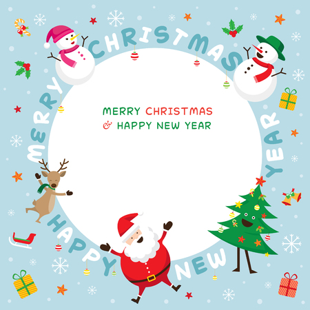 Christmas Frame, Santa Claus and Friends with Lettering, Snowman, Snowgirl, Reindeer, Pine Tree. Happy New Yearのイラスト素材