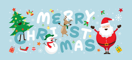 Christmas, Santa Claus and Friends with Lettering, Snowman, Reindeer, Pine Tree. Happy New Yearのイラスト素材
