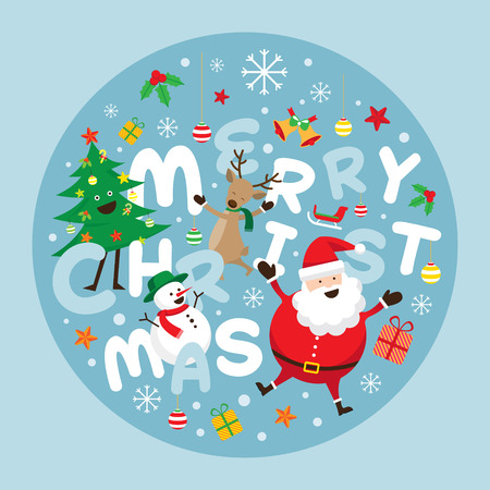 Christmas Label, Santa Claus and Friends with Lettering, Snowman, Reindeer, Pine Tree. Happy New Yearのイラスト素材