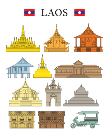 Laos Landmarks and Culture Object Set, Design Elements, Colourful, Line and Shapeのイラスト素材