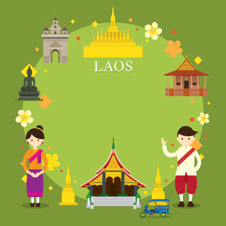 Laos Landmarks, People in Traditional Clothing, Frame, Culture, Travel and Tourist Attractionのイラスト素材