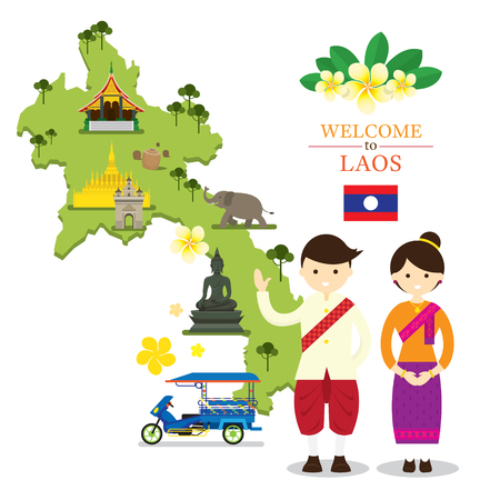 Laos Map and Landmarks with People in Traditional Clothing, Culture, Travel and Tourist Attractionのイラスト素材