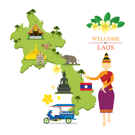 Laos Map and Landmarks with Traditional Dancer, Culture, Travel and Tourist Attractionのイラスト素材