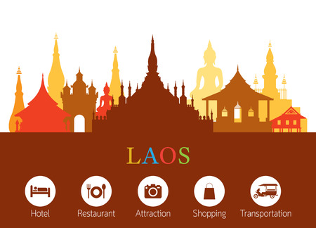 Laos Landmarks Skyline with Accommodation Icons, Cityscape, Travel and Tourist Attractionのイラスト素材