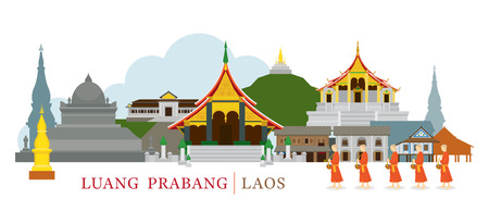 Luang Prabang, Laos, Landmarks and Monks on Alms Round. Culture, Travel and Tourist Attractionのイラスト素材