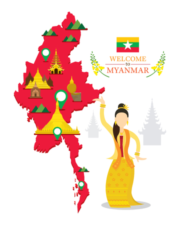 Myanmar Map and Landmarks, Traditional Dance, Culture, Travel and Tourist Attractionのイラスト素材