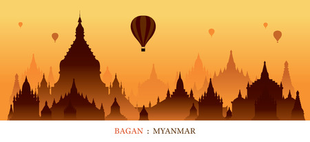 Bagan, Myanmar, Landmarks Silhouette Sunrise Background, Cityscape, Travel and Tourist Attractionのイラスト素材