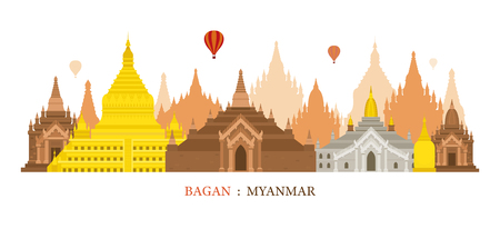 Bagan, Myanmar, Architecture Landmarks Skyline, Cityscape, Travel and Tourist Attractionのイラスト素材