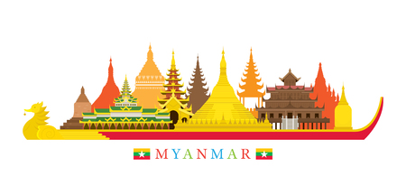 Myanmar Architecture Landmarks Skyline, Cityscape, Travel and Tourist Attractionのイラスト素材