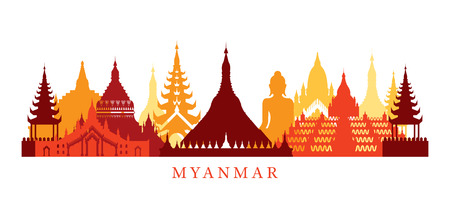 Myanmar Architecture Landmarks Skyline, Shape, Silhouette, Cityscape, Travel and Tourist Attractionのイラスト素材