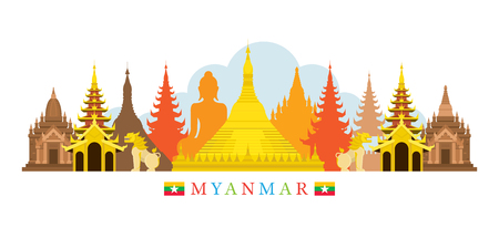 Myanmar Architecture Landmarks Skyline, Cityscape, Travel and Tourist Attractionのイラスト素材