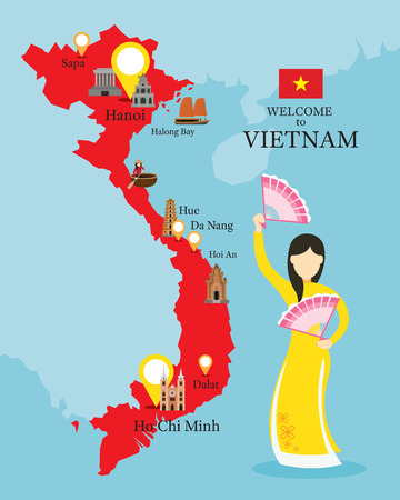 Vietnam Map and Landmarks with People in Traditional Clothing, Culture, Travel and Tourist Attractionのイラスト素材