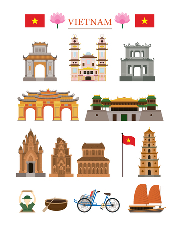 Vietnam Landmarks Architecture Building Object Set, Famous Place, Travel and Tourist Attractionのイラスト素材