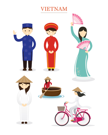 Vietnamese People in Traditional Clothing and Lifestyle, Culture, Travel and Tourist Attractionのイラスト素材