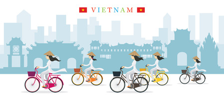 Vietnamese Women with Conical Hat Ride Bicycles, Landmarks Background, Culture, Travel and Tourist Attractionのイラスト素材