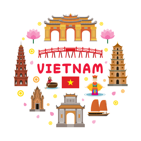 Vietnam Travel Attraction Label, Landmarks, Tourism and Traditional Cultureのイラスト素材