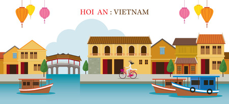 Hoi An Vietnam Landmarks Skyline, Cityscape, Travel and Tourist Attractionのイラスト素材