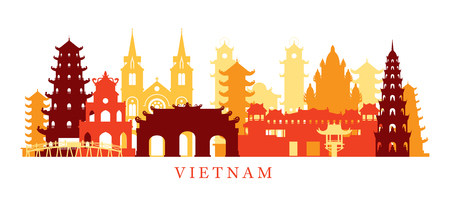Vietnam Architecture Landmarks Skyline, Shape, Silhouette, Cityscape, Travel and Tourist Attractionのイラスト素材