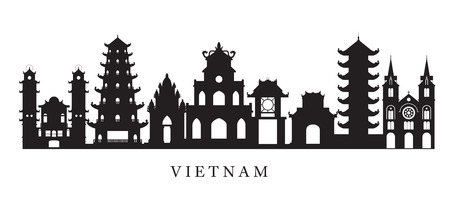 Vietnam Landmarks Skyline in Black and White Silhouette, Cityscape, Travel and Tourist Attractionのイラスト素材