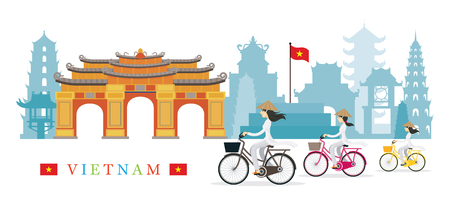 Vietnamese Women with Conical Hat Ride Bicycles, Landmarks Background, Culture, Travel and Tourist Attractionのイラスト素材