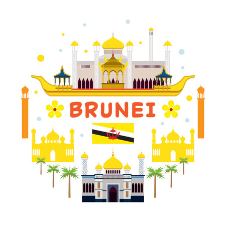 Brunei Travel and Attraction Label, Landmarks, Tourism and Traditional Cultureのイラスト素材