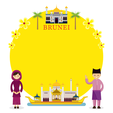 Brunei Landmarks, People in Traditional Clothing, Frame, Culture, Travel and Tourist Attractionのイラスト素材