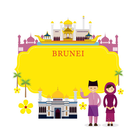 Brunei Landmarks, People in Traditional Clothing, Frame, Culture, Travel and Tourist Attractionのイラスト素材