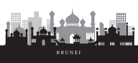 Brunei Landmarks Skyline in Black and White Silhouette, Cityscape, Travel and Tourist Attractionのイラスト素材