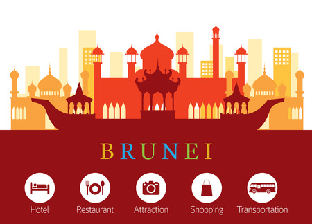 Brunei Landmarks Skyline with Accommodation Icons, Cityscape, Travel and Tourist Attractionのイラスト素材