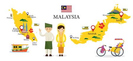 Malaysia Map and Landmarks with People in Traditional Clothing, Culture, Travel and Tourist Attractionのイラスト素材