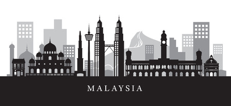 Malaysia Landmarks Skyline in Black and White Silhouette, Cityscape, Travel and Tourist Attractionのイラスト素材