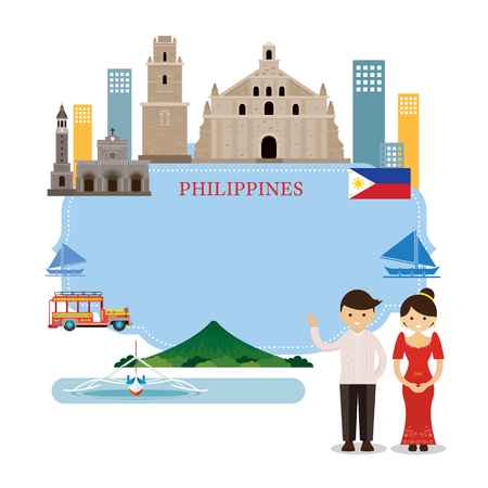 Philippines Landmarks, People in Traditional Clothing, Frame, Culture, Travel and Tourist Attractionのイラスト素材