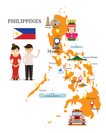 Philippines Map and Landmarks with People in Traditional Clothing, Culture, Travel and Tourist Attractionのイラスト素材