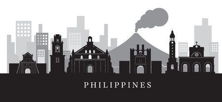 Philippines Landmarks Skyline in Black and White Silhouette, Cityscape, Travel and Tourist Attractionのイラスト素材
