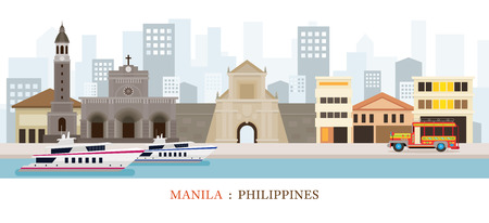 Manila, Philippines Landmarks Skyline, Cityscape, Travel and Tourist Attractionのイラスト素材