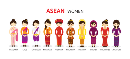 Southeast Asia Women in Traditional Clothing, AEC (ASEAN Economic Community) Peopleのイラスト素材
