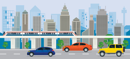 City Building with Cars on the Road and Skytrain, Side View, Transportation, Cityscape Skylineのイラスト素材