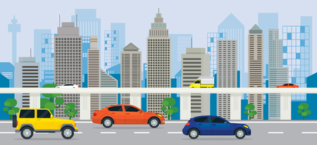 City Building with Cars on the Road and Expressway, Side View, Transportation, Cityscape Skylineのイラスト素材
