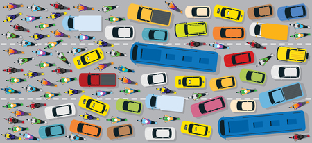 Cars on Road with Traffic Jam Chaotic, Motorcycles, Bus, Taxi, Top or Above Viewのイラスト素材