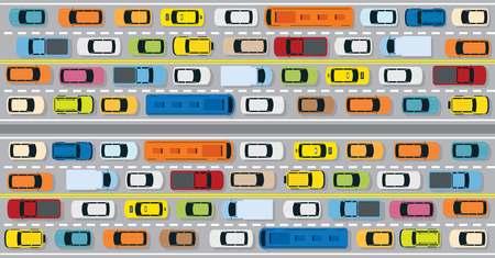 Vehicles on Road with Traffic Jam , Cars, Bus, Taxi, Truck, Top or Above Viewのイラスト素材
