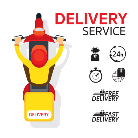 Delivery Boy Ride Scooter Motorcycle , Top or Above View with Service Iconsのイラスト素材