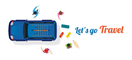 Group of People Getting on Car to Travel with Dog, Top or Above Viewのイラスト素材