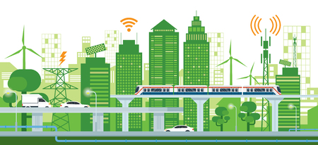 Cityscape with Infrastructure and Transportation, Smart City, Connected, Green and Clean Energy Conceptのイラスト素材