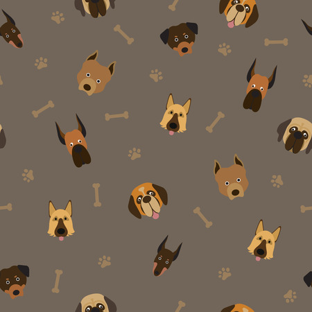 Dog Breeds Head Seamless Pattern, Dark Background, Footprint and Boneのイラスト素材