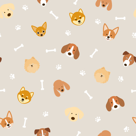Dog Breeds Head Seamless Pattern, Light Background, Footprint and Boneのイラスト素材