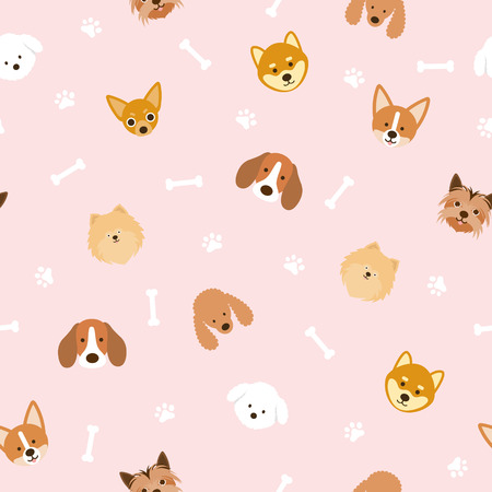 Dog Breeds Head Seamless Pattern, Pink Background, Footprint and Boneのイラスト素材