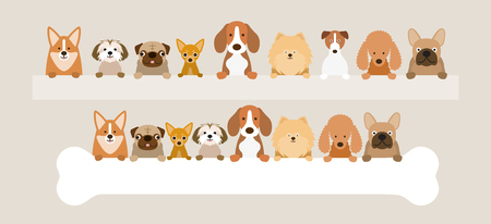 Group of Dog Breeds Holding Bone and Banner, Front View, Pet, Backgroundのイラスト素材