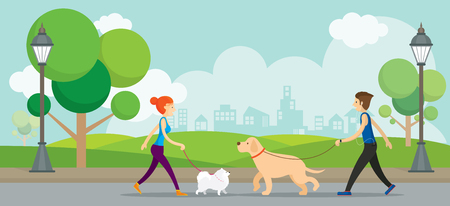 Man and Woman with Dogs in the Park Outdoor City Backgroundのイラスト素材