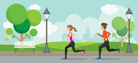 Man and Woman Running in the Park with City Backgroundのイラスト素材