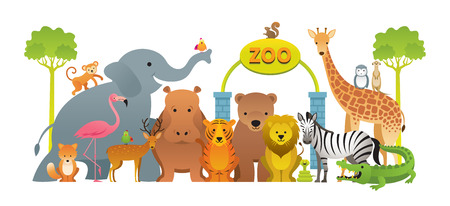 Group of Wild Animals, Zoo, Entrance Sign, Kids and Cute Cartoon Styleのイラスト素材